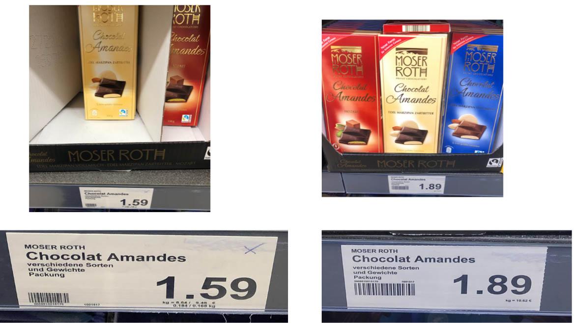 Mogelpackung: Chocolat Amandes von Aldi Preisschilder (2023)
