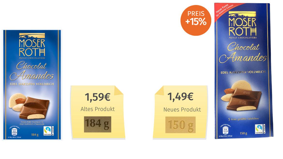 Mogelpackung: Chocolat Amandes Vollmilch von Aldi im Alt-Neu-Vergleich mit Preisen (2023)