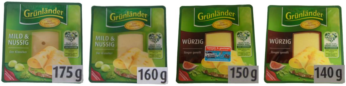 Vergleich der alten und neuen Verpackungsgrößen zweier Sorten Grünländer Käse von Hochland
