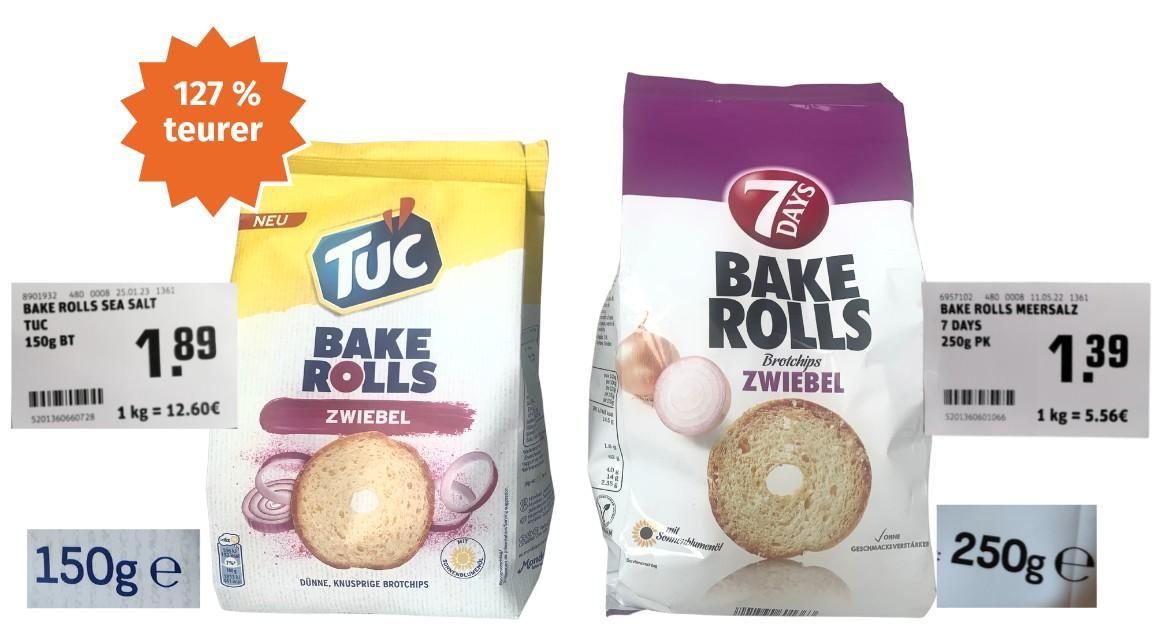Mogelpackung: Preisvergleich Tuc Bake Rolls und 7 days Bake Rolls (2023)