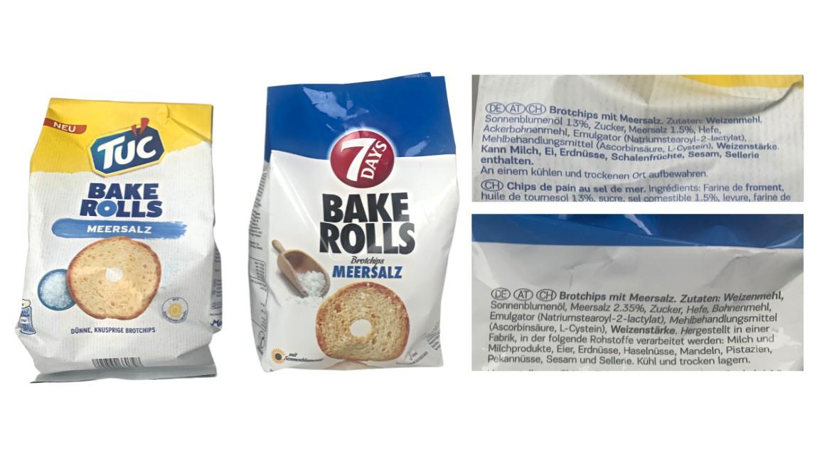 Mogelpackung: Zutatenvergleich Tuc Bake Rolls mit Meersalz und 7 days Bake Rolls (2023)