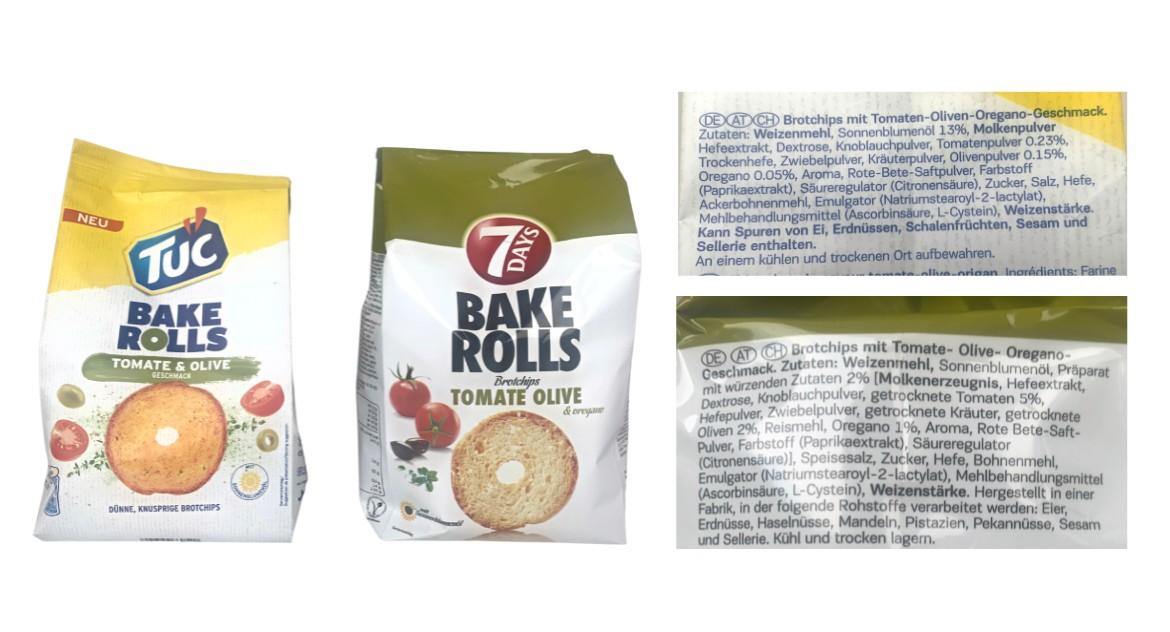 Mogelpackung: Zutatenvergleich Tuc Bake Rolls Tomate und Olive und 7 days Bake Rolls (2023)