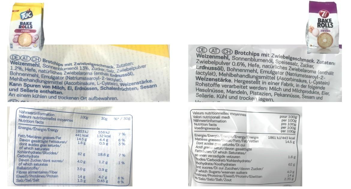 Mogelpackung: Vergleich Zutaten und Nährwerte bei den Bake Rolls von Tuc und 7 days Onion (2023)