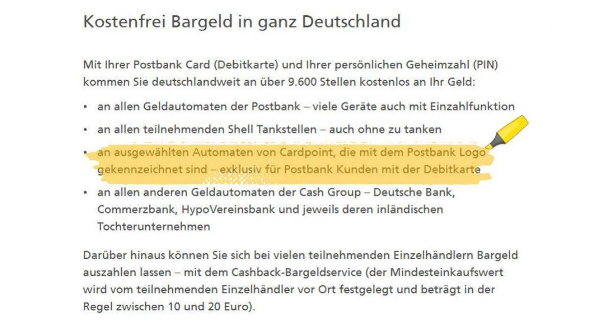 Cardpoint: Screenshot postbank.de 24.01.2023