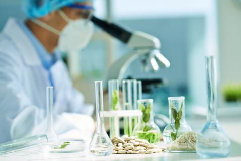 Gentechnik: Labor mit Reagenzgläsern, Pflanzen und Mikroskop