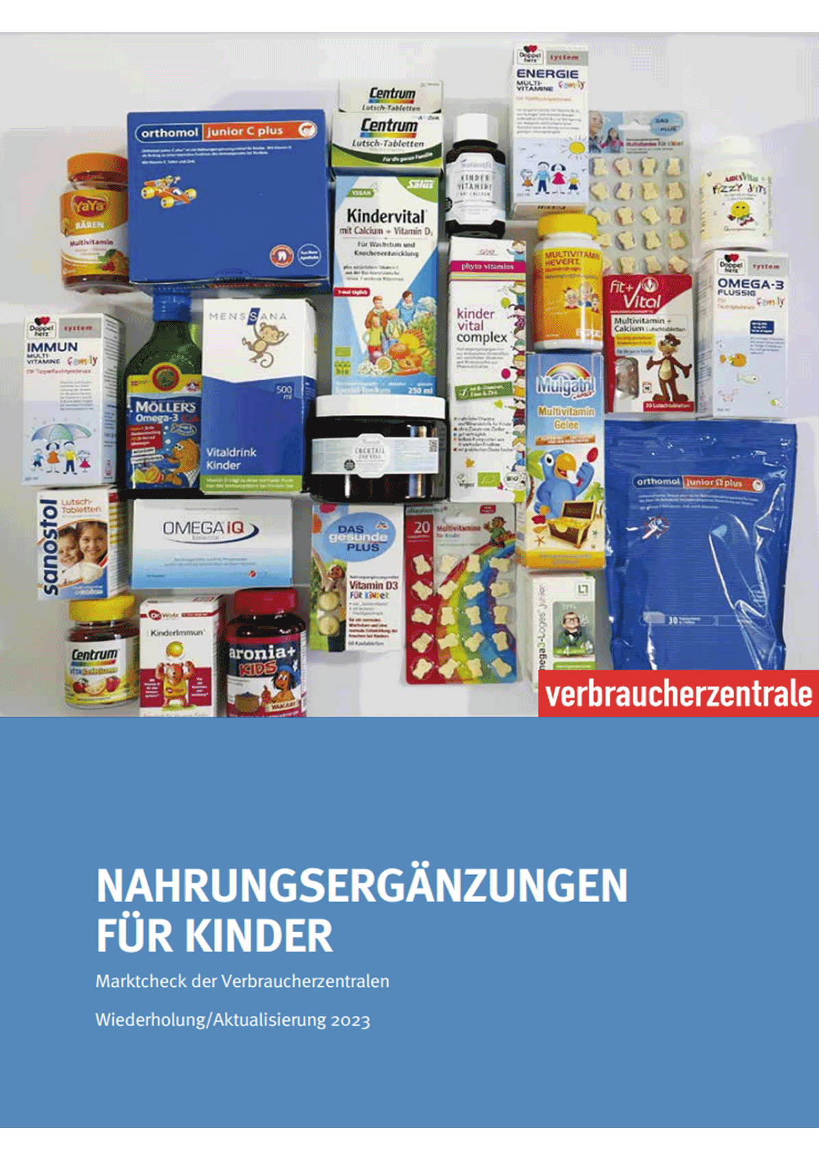 Cover des Ergebnisberichts zum Marktcheck zu Nahrungsergänzungsmitteln für Kinder (2023)