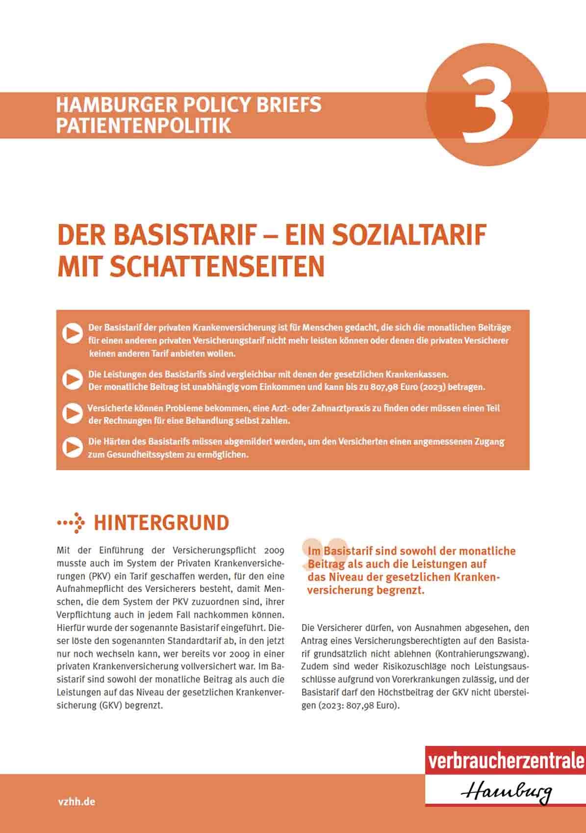 Deckblatt des Hamburger Policy Briefs: 01-2023 Basistarif - ein Sozialtarif mit Schattenseiten