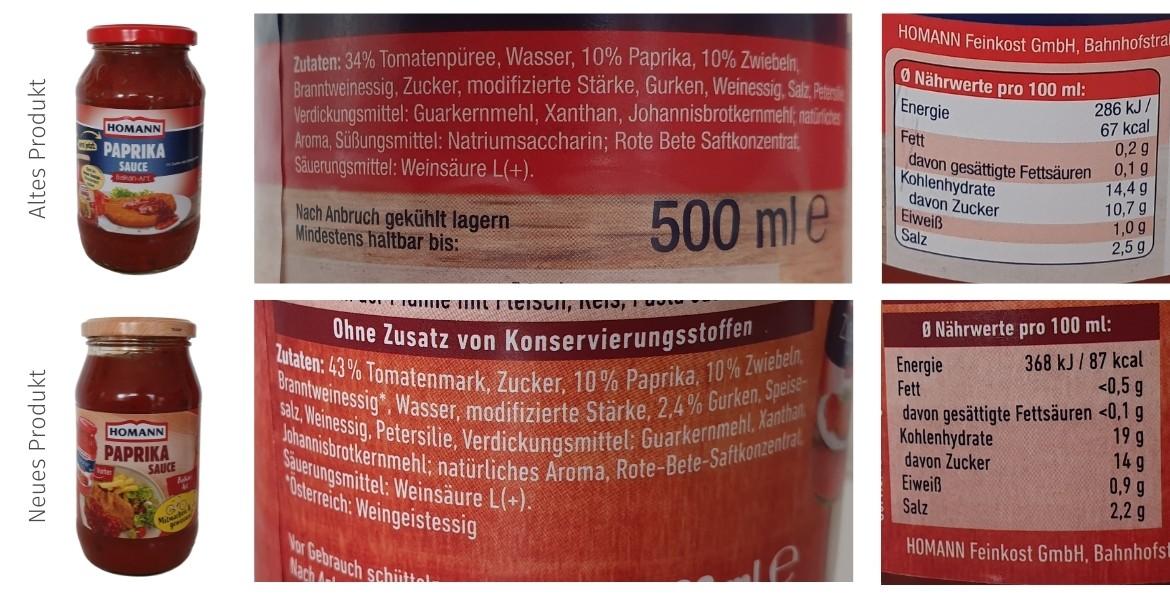 Mogelpackung: Homann Paprika Sauce mit Zutatenliste und Nährwerttabelle (2021)