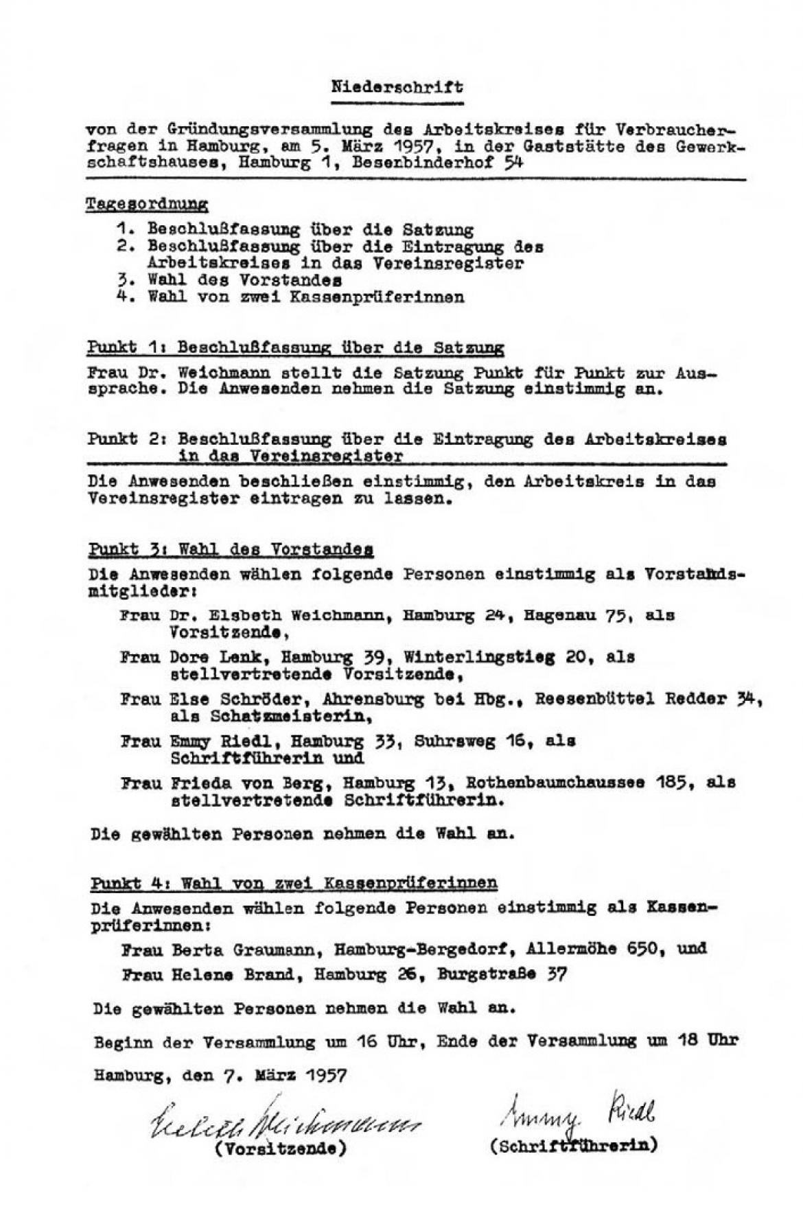 Niederschrift von der Gründungsversammlung (1957)