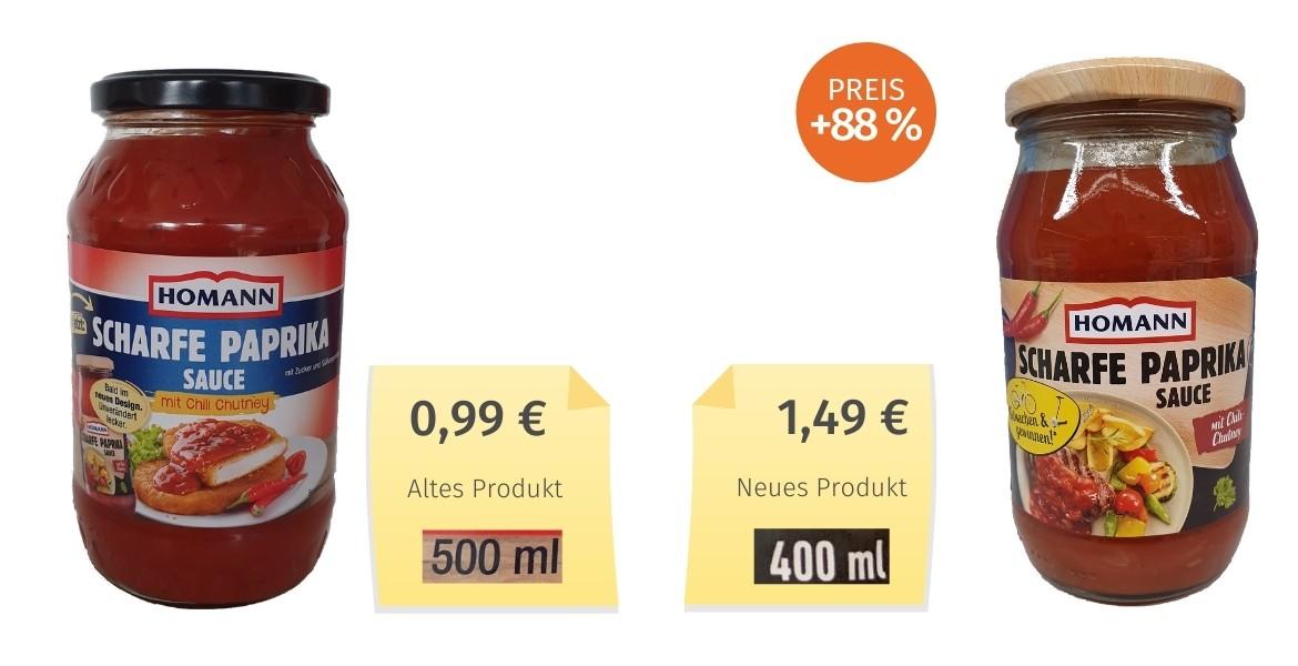 Mogelpackung: Homann Scharfe Paprika Sauce Alt-Neu-Vergleich (2021)