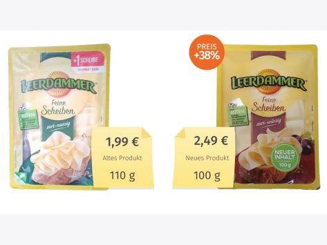 Mogelpackung: Leerdammer Käse Feine Scheiben Alt-Neu-Vergleich (2022)
