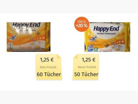 Mogelpackung: Happy End Feuchtes Toilettenpapier Penny (2021) Alt-Neu-Vergleich