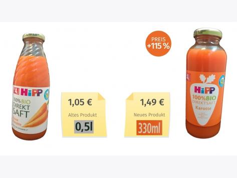Mogelpackung: Hipp 100% Bio Direktsaft Karotte (2019) Alt-Neu-Vergleich