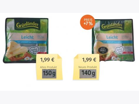 Mogelpackung: Grünländer Käse leicht (2022) Alt-Neu-Vergleich
