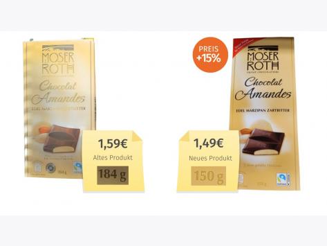 Mogelpackung: Moser Roth Chocolat Amandes Zartbitter (2023) Alt-Neu-Vergleich 