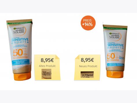 Mogelpackung: Garnier Ambre Solaire Sensitive expert+ Milch LSF 50+ (2023) Alt-Neu-Vergleich